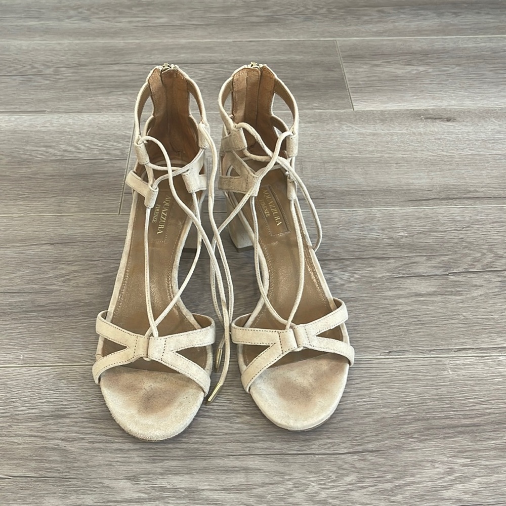 Aquazzura Beverly Hills Sandal suede nude beige strappy block heel size 37